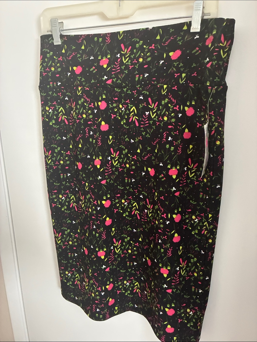 LuLaRoe Black Midi Skirt with Pink & Green Floral Print